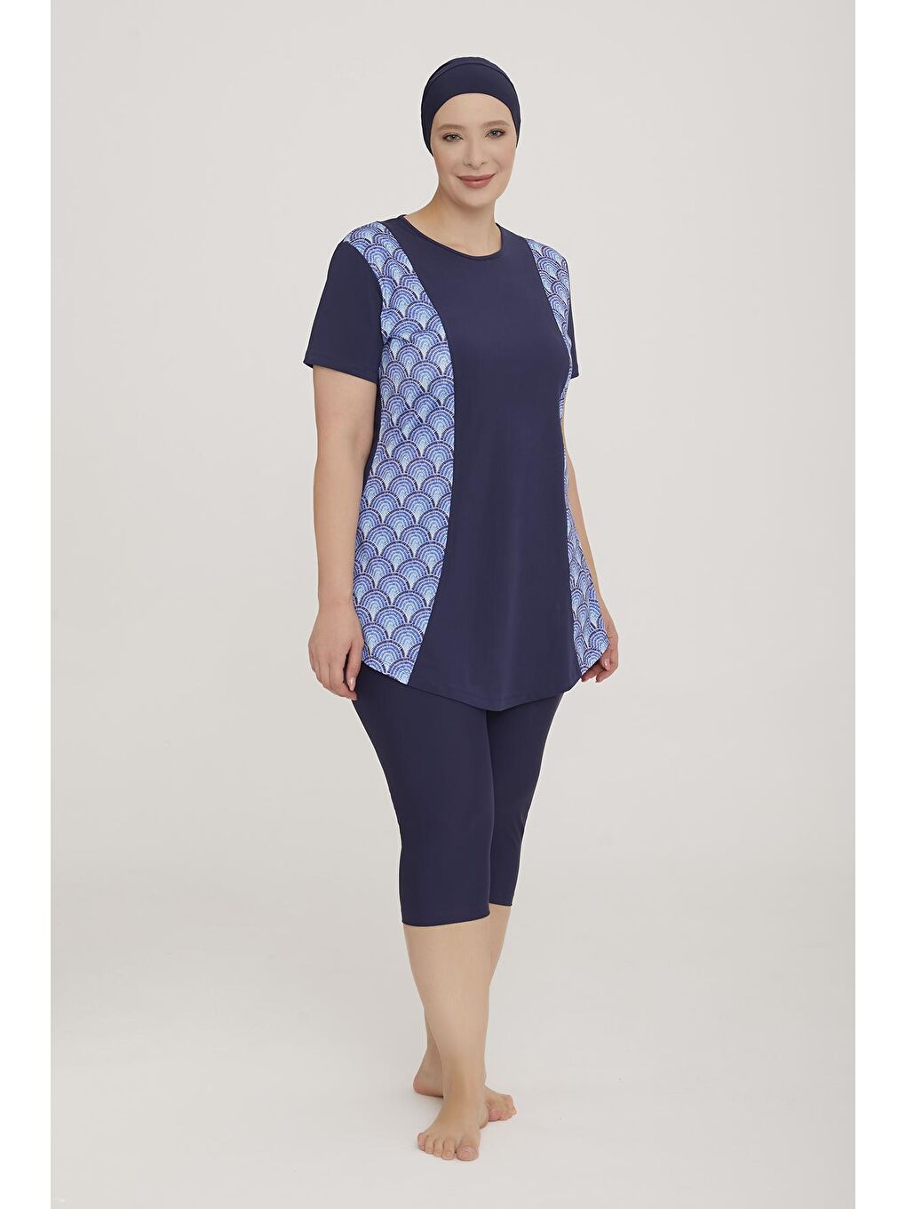Büyük Beden Elastanlı Yarı Kapalı Tesettür Mayo Rıbbo 2 3919 Koyu Lacivert-3