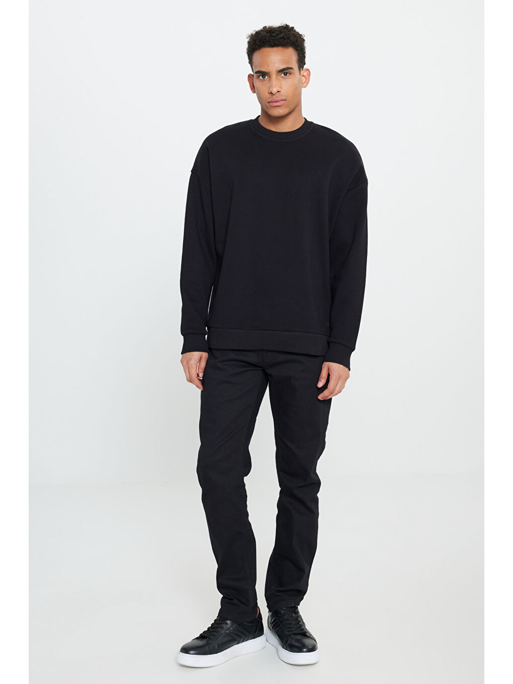 Erkek Siyah Oversize Fit Bol Kesim Pamuklu İçi Polarlı Bisiklet Yaka Sweatshirt-3