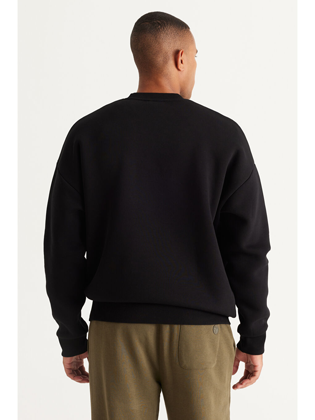 Erkek Siyah Oversize Fit Bol Kesim Pamuklu İçi Polarlı Bisiklet Yaka Sweatshirt-8