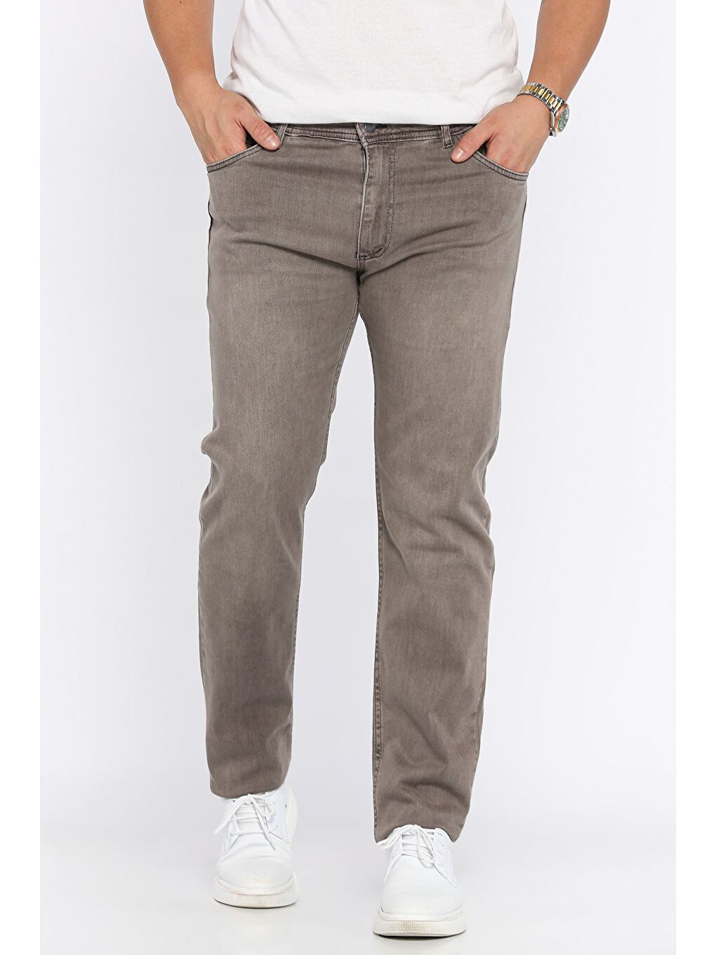 Bej Erkek Fermuarlı Elastanlı Jean Pantolon