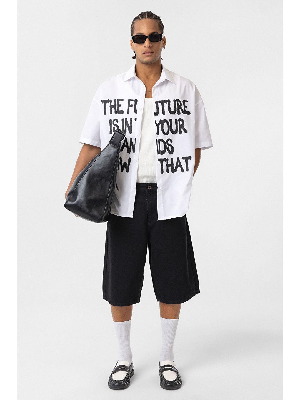 Ön Baskılı %100 Pamuk Poplin Oversize Gömlek Ekru