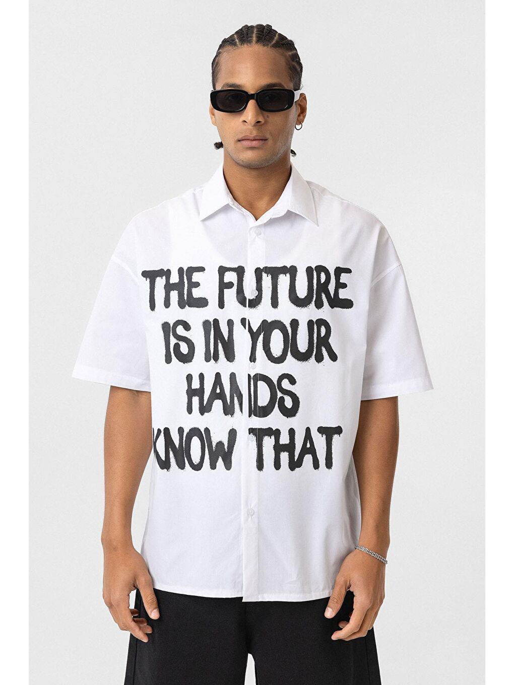 Ön Baskılı %100 Pamuk Poplin Oversize Gömlek Ekru-1