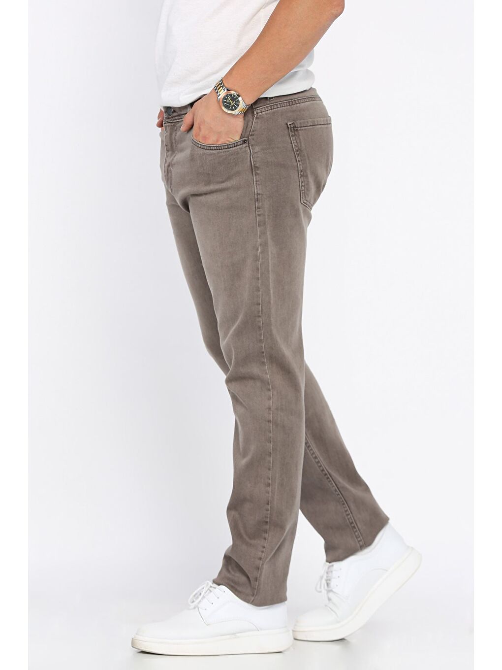 Bej Erkek Fermuarlı Elastanlı Jean Pantolon-1