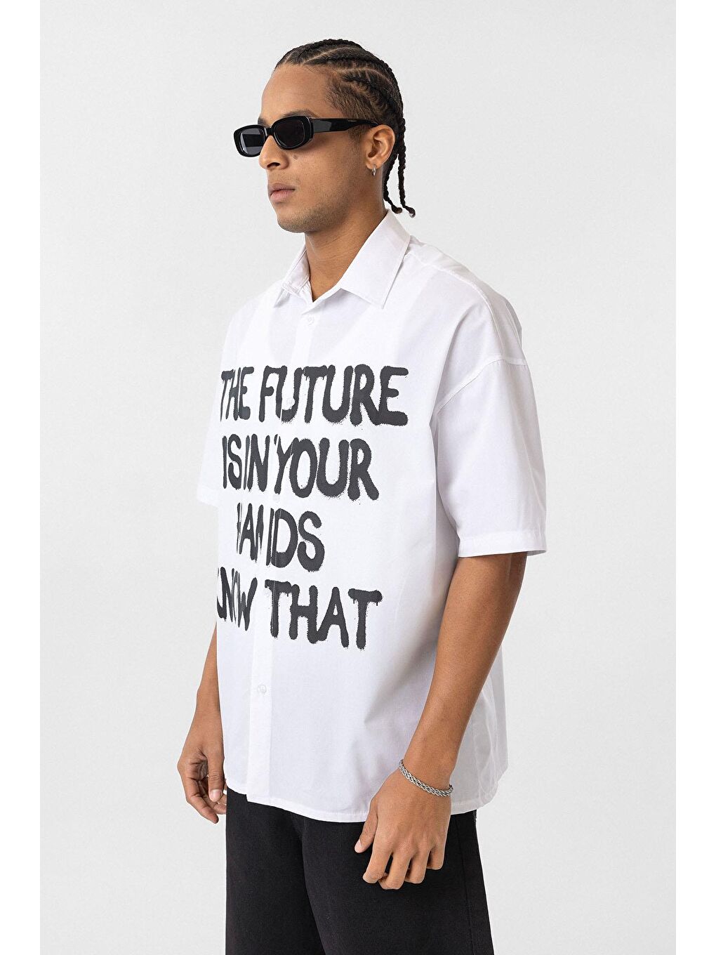 Ön Baskılı %100 Pamuk Poplin Oversize Gömlek Ekru-2