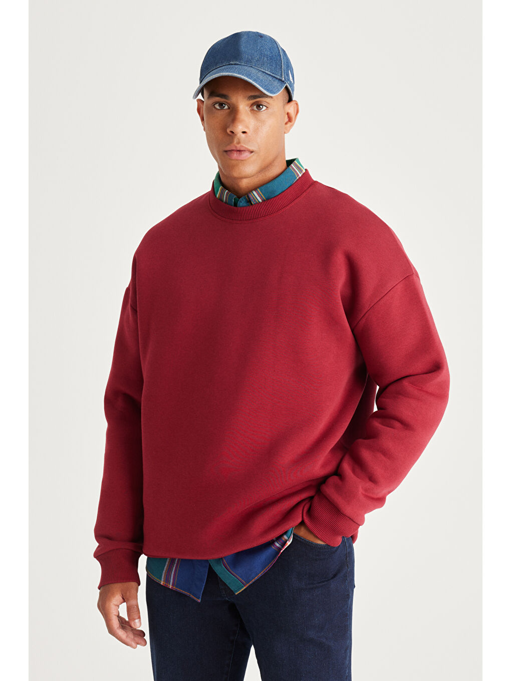 Erkek Bordo Oversize Fit Bol Kesim Pamuklu İçi Polarlı Bisiklet Yaka Sweatshirt