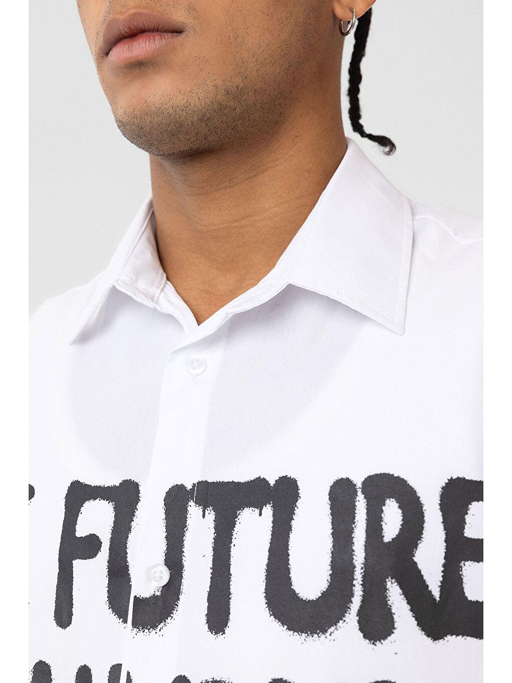 Ön Baskılı %100 Pamuk Poplin Oversize Gömlek Ekru-3