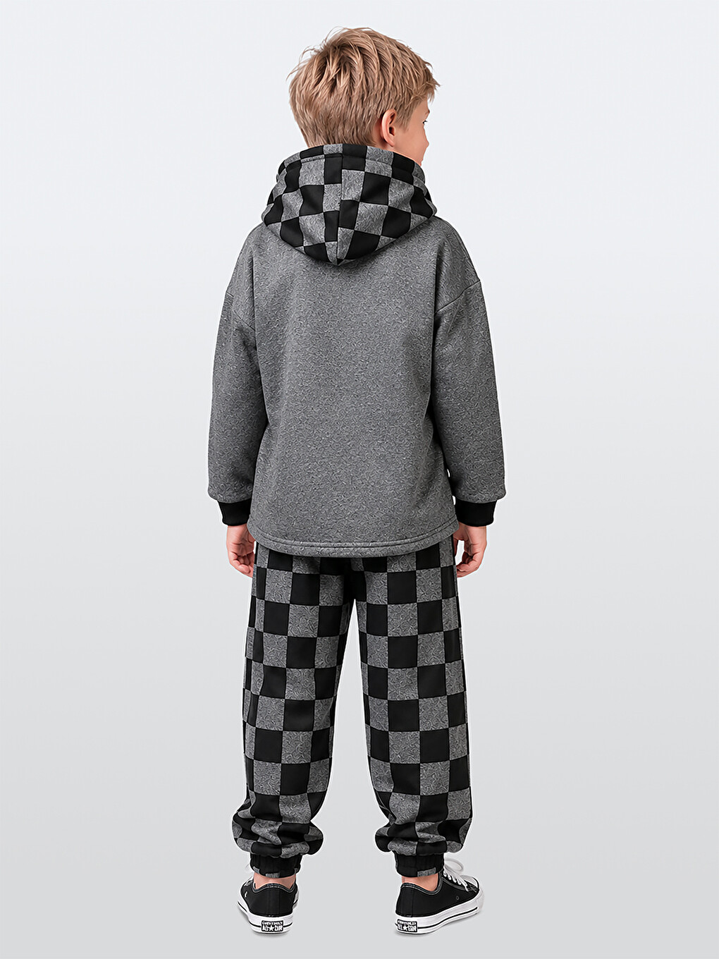 Antrasit Erkek Çocuk Eşofman Takım Damalı Kalın Kapüşonlu Sweatshirt Eşofman Altı-1