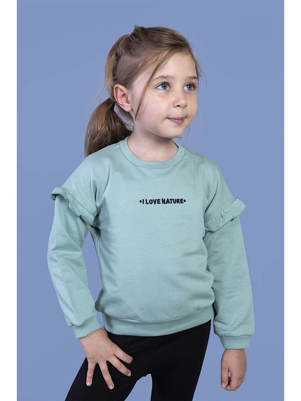 Toontoykids Yeşil Kız Çocuk Kolları Fırfır Detaylı Nakışlı Sweatshirt