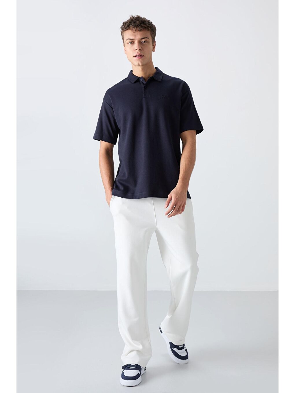 TOMMYLIFE Lacivert Pamuklu Kalın Yumuşak Dokulu Oversize Fit Basic Polo Yaka Erkek T-Shirt - 88327 - 2