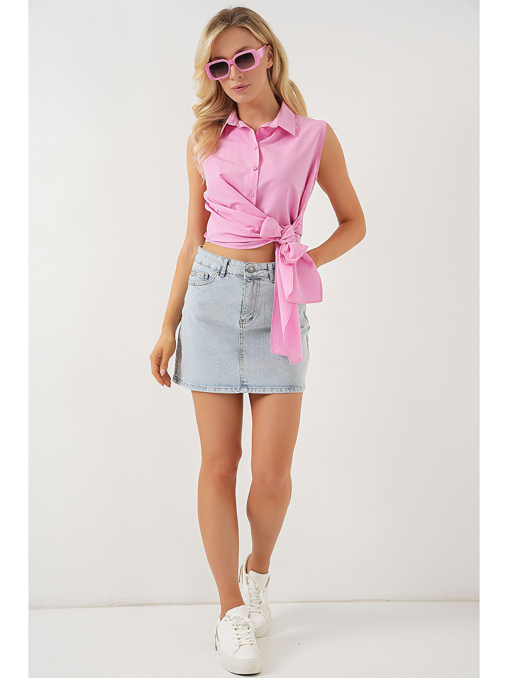 Kadın Sıfır Kol Önü Bağlamalı Gömlek 20340 - Pembe-1