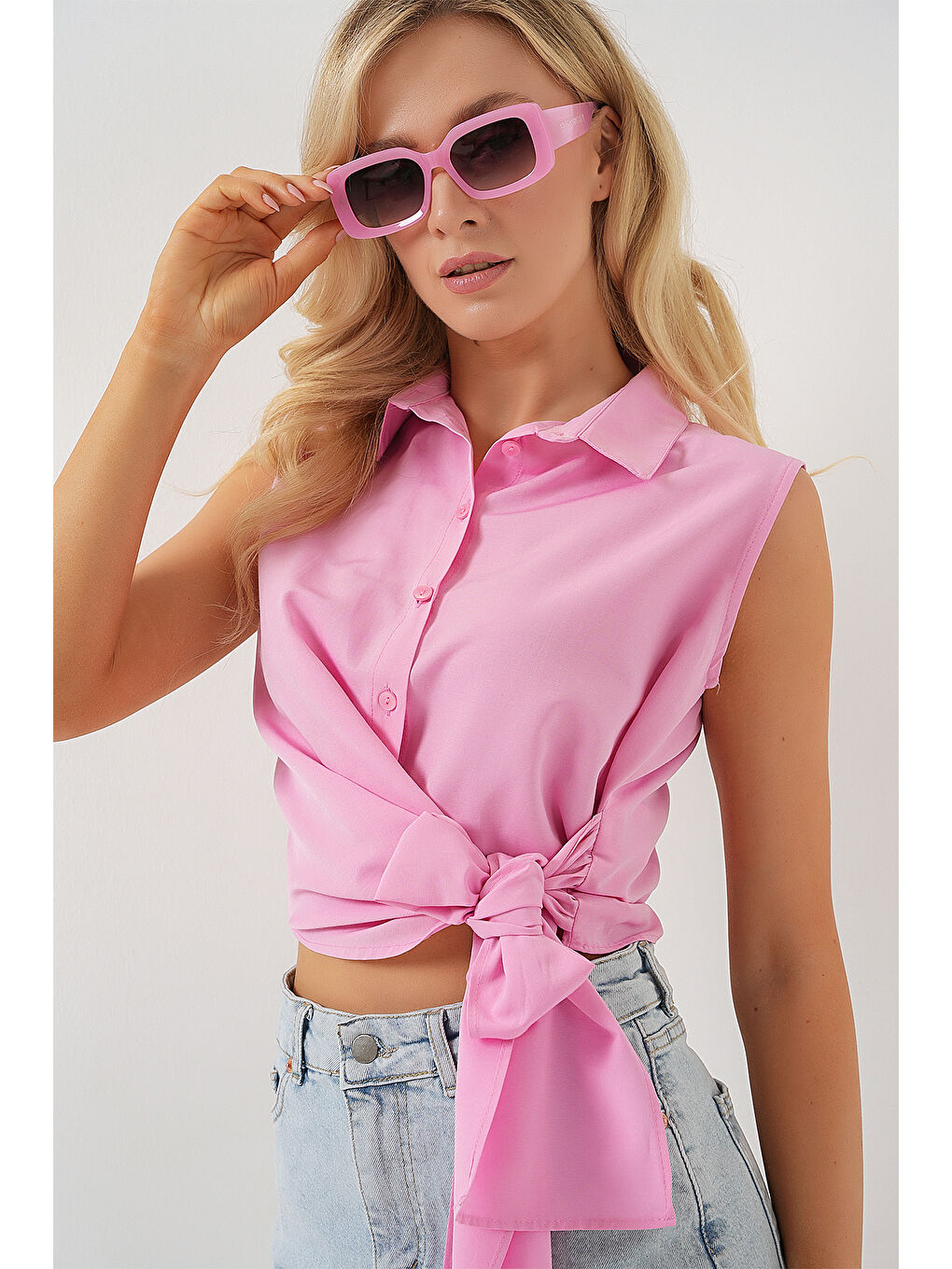 Kadın Sıfır Kol Önü Bağlamalı Gömlek 20340 - Pembe-2
