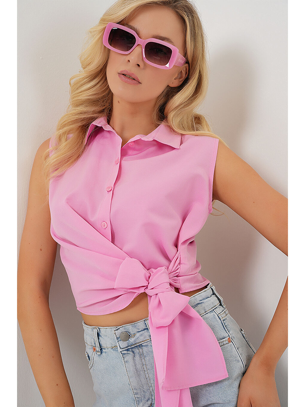 Kadın Sıfır Kol Önü Bağlamalı Gömlek 20340 - Pembe-3