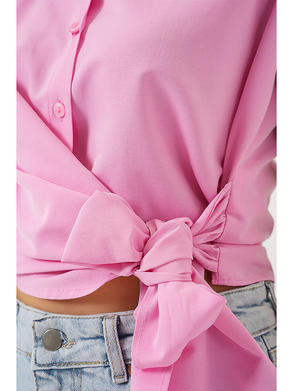 Kadın Sıfır Kol Önü Bağlamalı Gömlek 20340 - Pembe-4