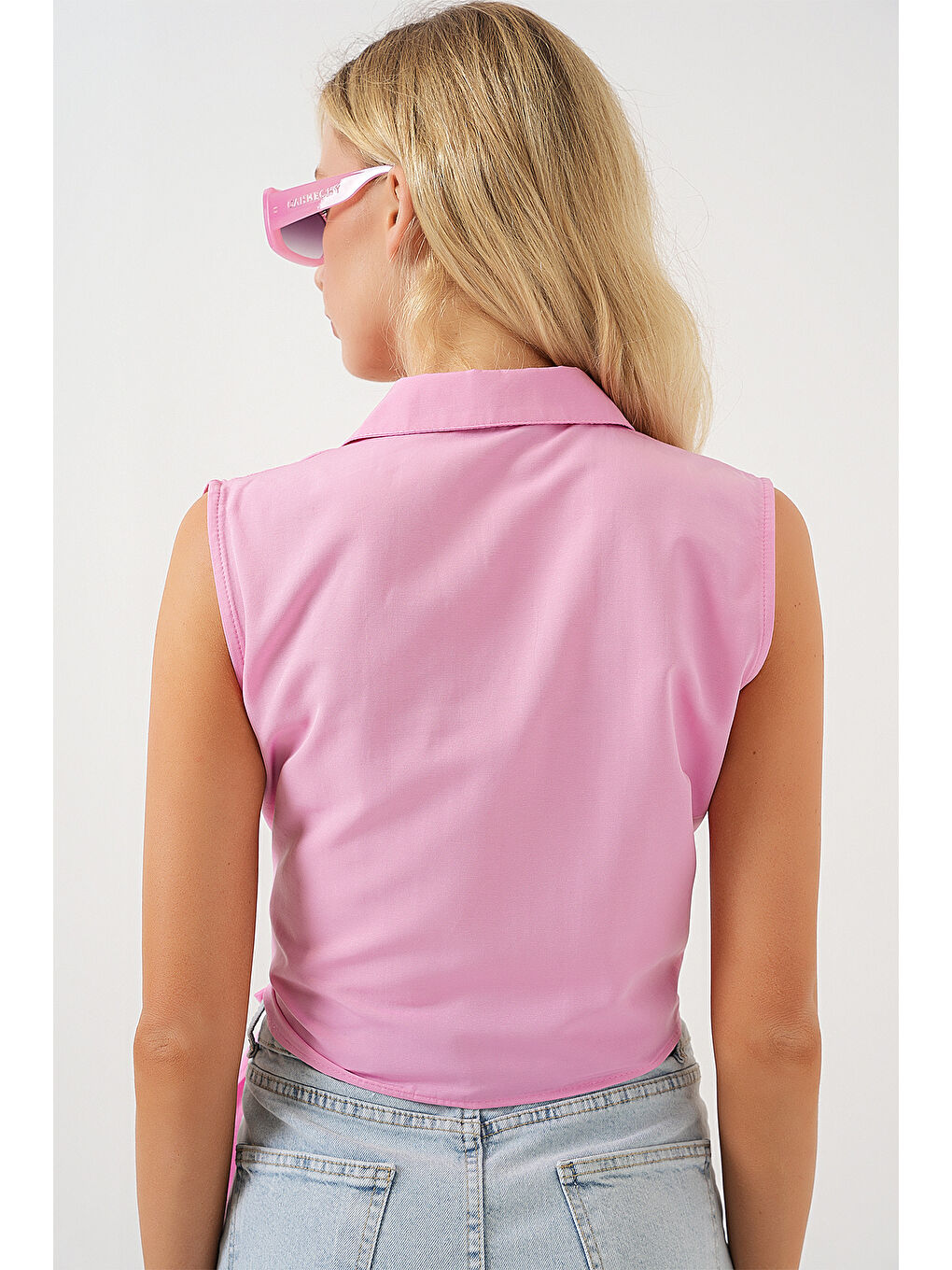 Kadın Sıfır Kol Önü Bağlamalı Gömlek 20340 - Pembe-5