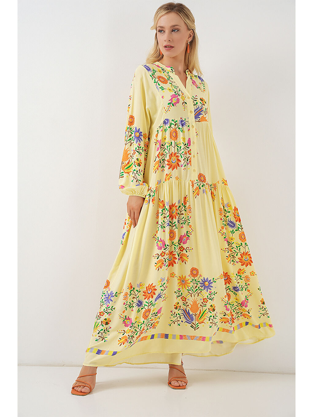 2423 Otantik Desenli Tesettür Elbise - A.Sarı-2