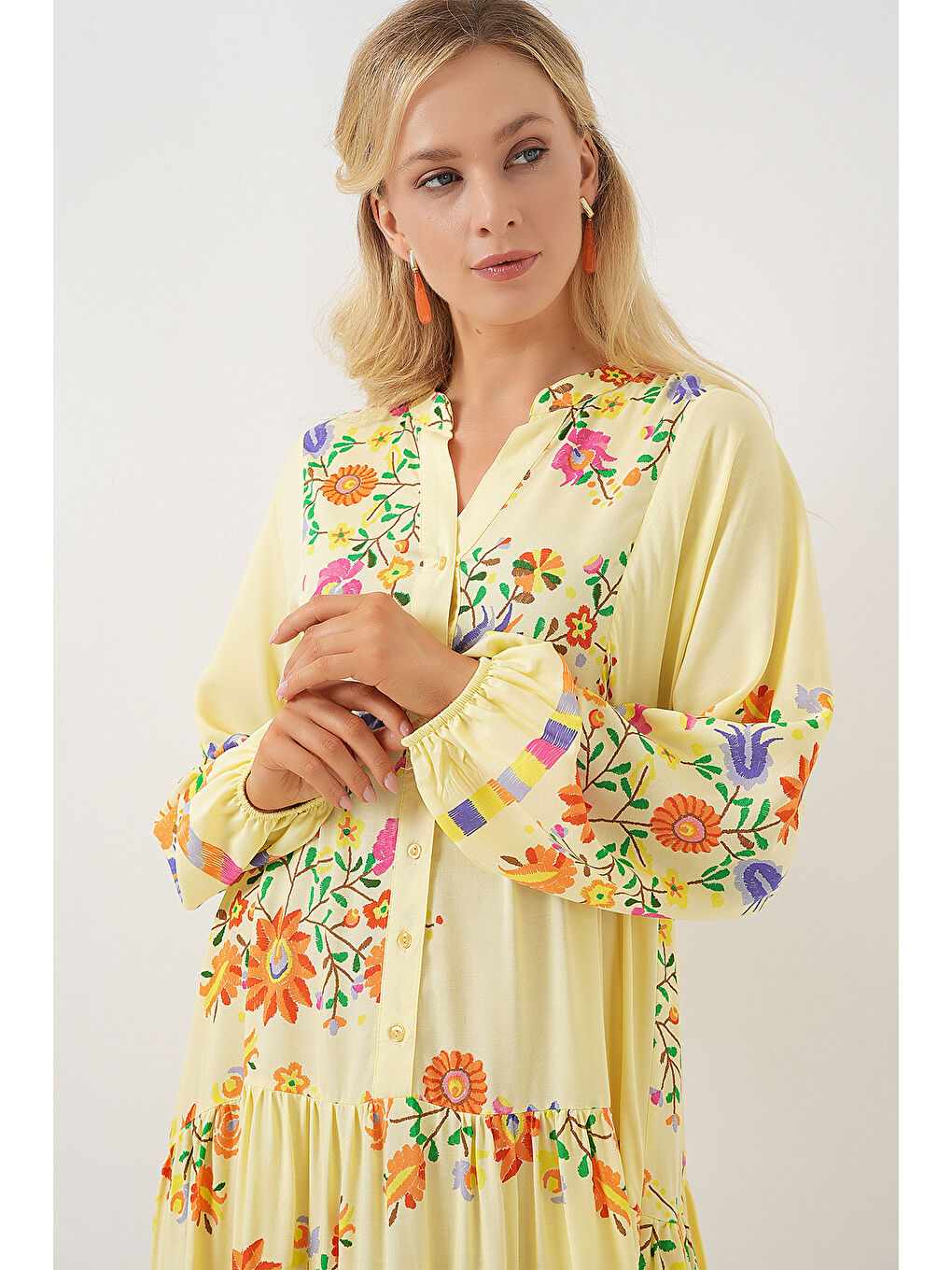 2423 Otantik Desenli Tesettür Elbise - A.Sarı-4