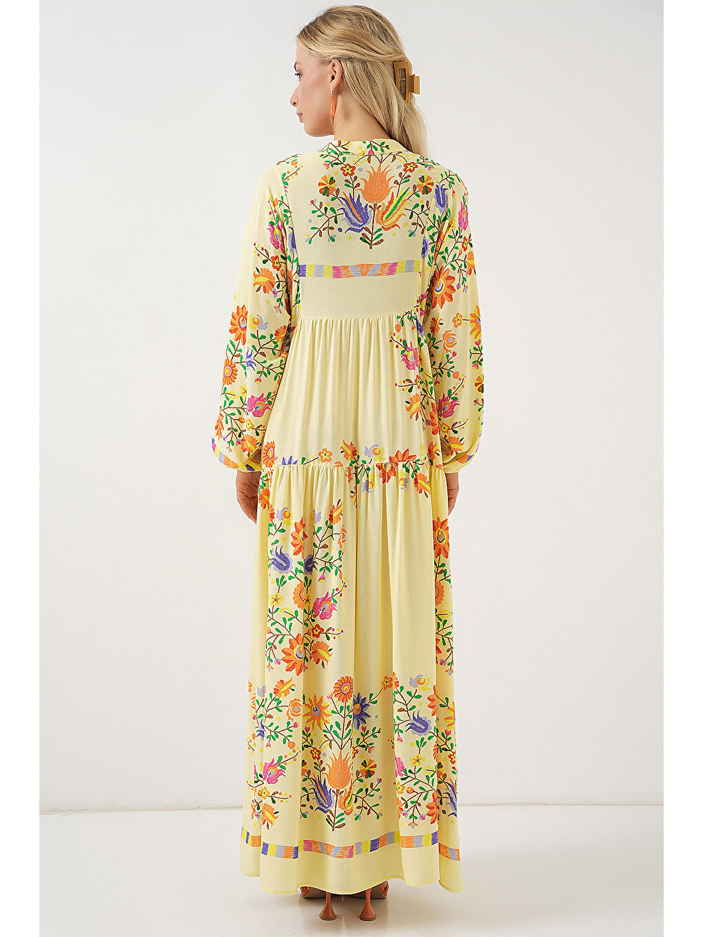 2423 Otantik Desenli Tesettür Elbise - A.Sarı-6