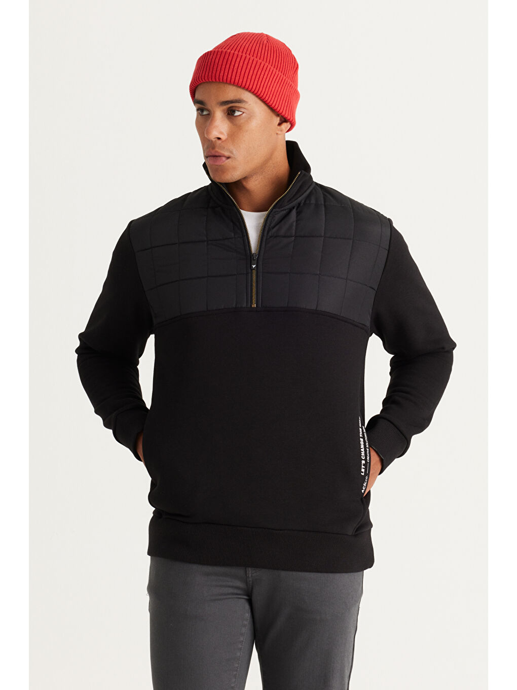 Erkek Siyah Standart Fit Normal Kesim Bato Yaka Desenli Pamuklu Sweatshirt-1