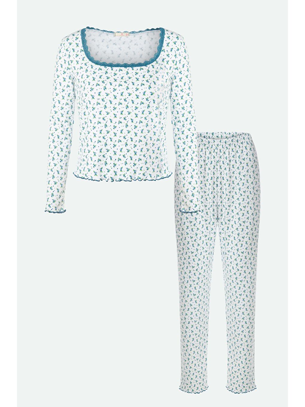 Mavi Kadın Pamuklu Dantel Detaylı Kare Yaka Baby Overloklu Çiçek Desenli Pijama Takımı