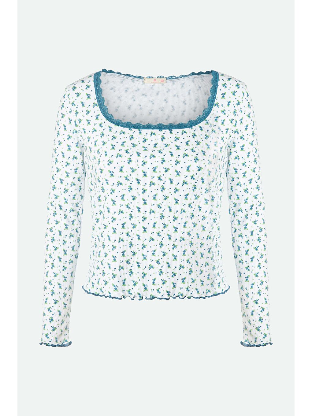 Mavi Kadın Pamuklu Dantel Detaylı Kare Yaka Baby Overloklu Çiçek Desenli Pijama Takımı-1