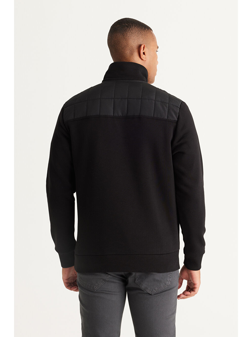 Erkek Siyah Standart Fit Normal Kesim Bato Yaka Desenli Pamuklu Sweatshirt-5