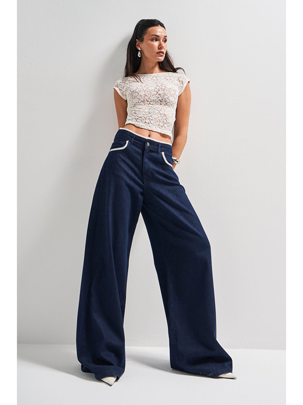 Kadın İndigo Renk 7s5-50 Palazzo Fit Dantel Detaylı %100 Pamuk Tasarım Denim Jean