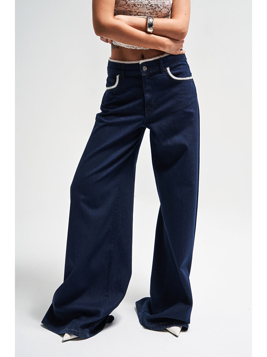 Kadın İndigo Renk 7s5-50 Palazzo Fit Dantel Detaylı %100 Pamuk Tasarım Denim Jean-1