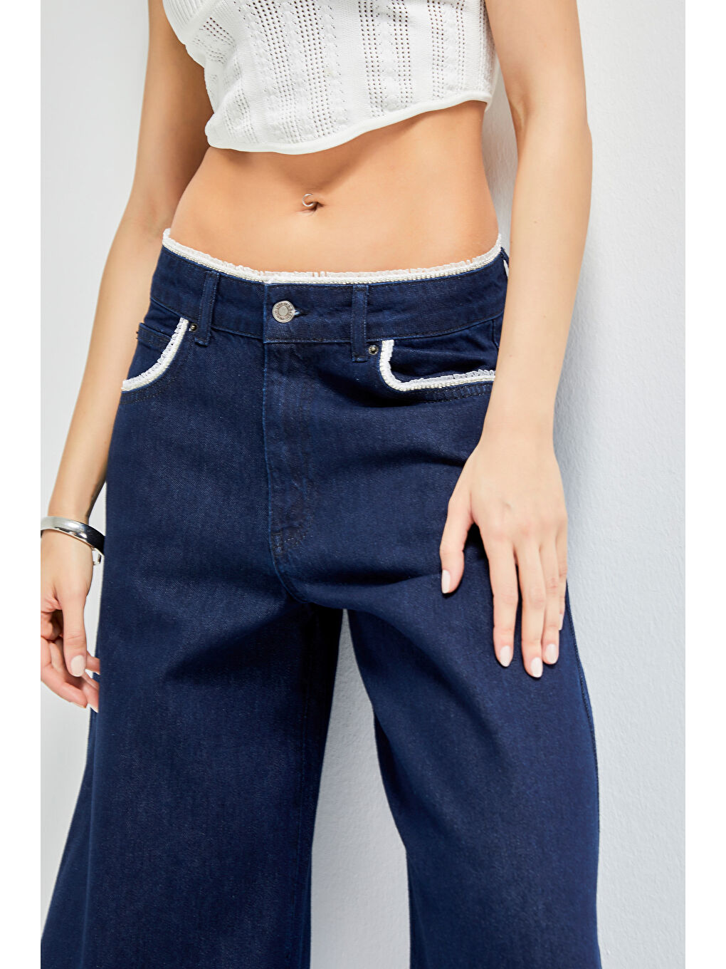 Kadın İndigo Renk 7s5-50 Palazzo Fit Dantel Detaylı %100 Pamuk Tasarım Denim Jean-2