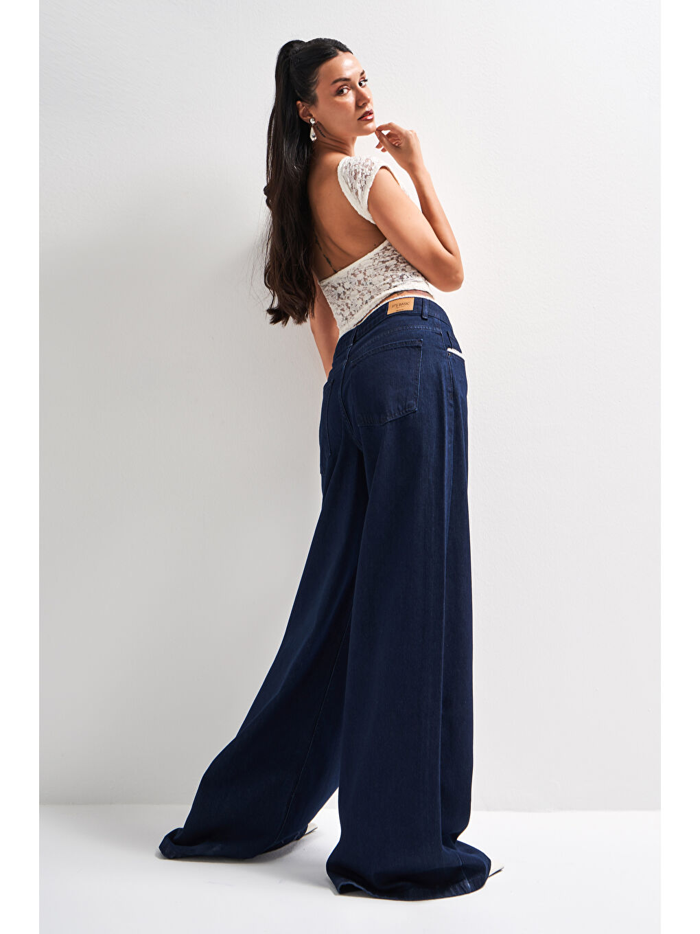 Kadın İndigo Renk 7s5-50 Palazzo Fit Dantel Detaylı %100 Pamuk Tasarım Denim Jean-3