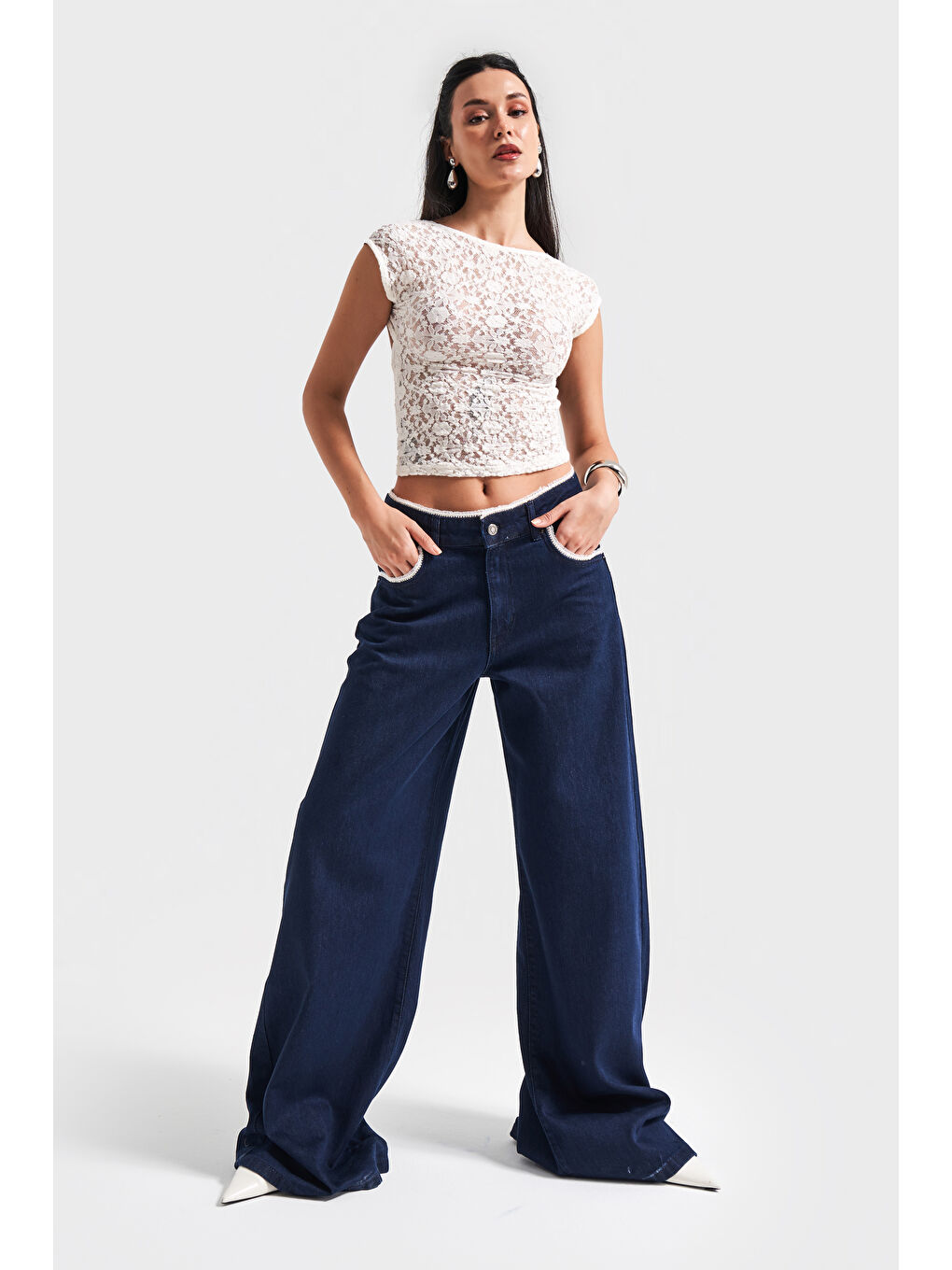 Kadın İndigo Renk 7s5-50 Palazzo Fit Dantel Detaylı %100 Pamuk Tasarım Denim Jean-4