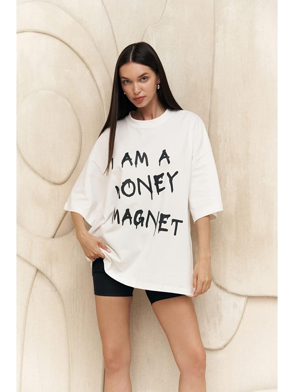 Mai Collection Money Magnet Beyaz Oversize T-Shirt