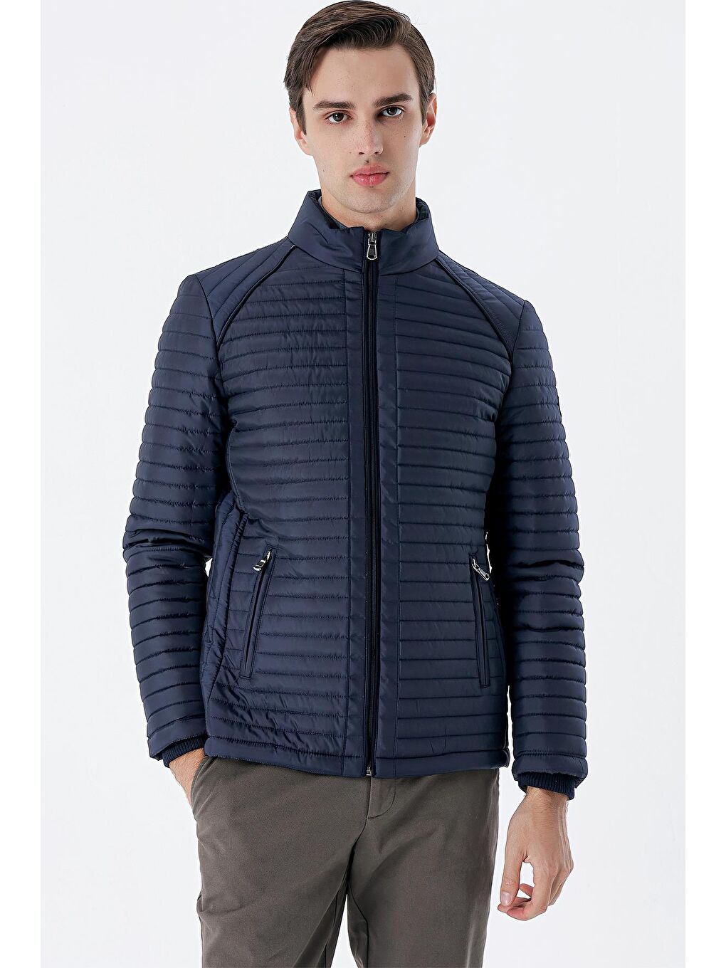 Koyu Lacivert Kapitone Dolumlu Dik Yaka Astarlı Slim Fit Dar Kesim Casual Şişme Mont 1007235264-2