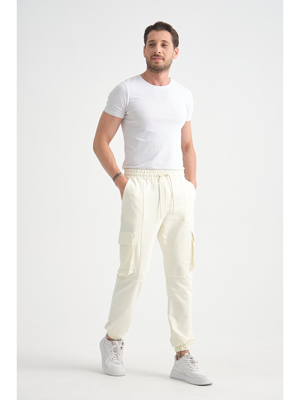Ekru Erkek Kargo Cepli Jogger Alt Beli Lastikli-3