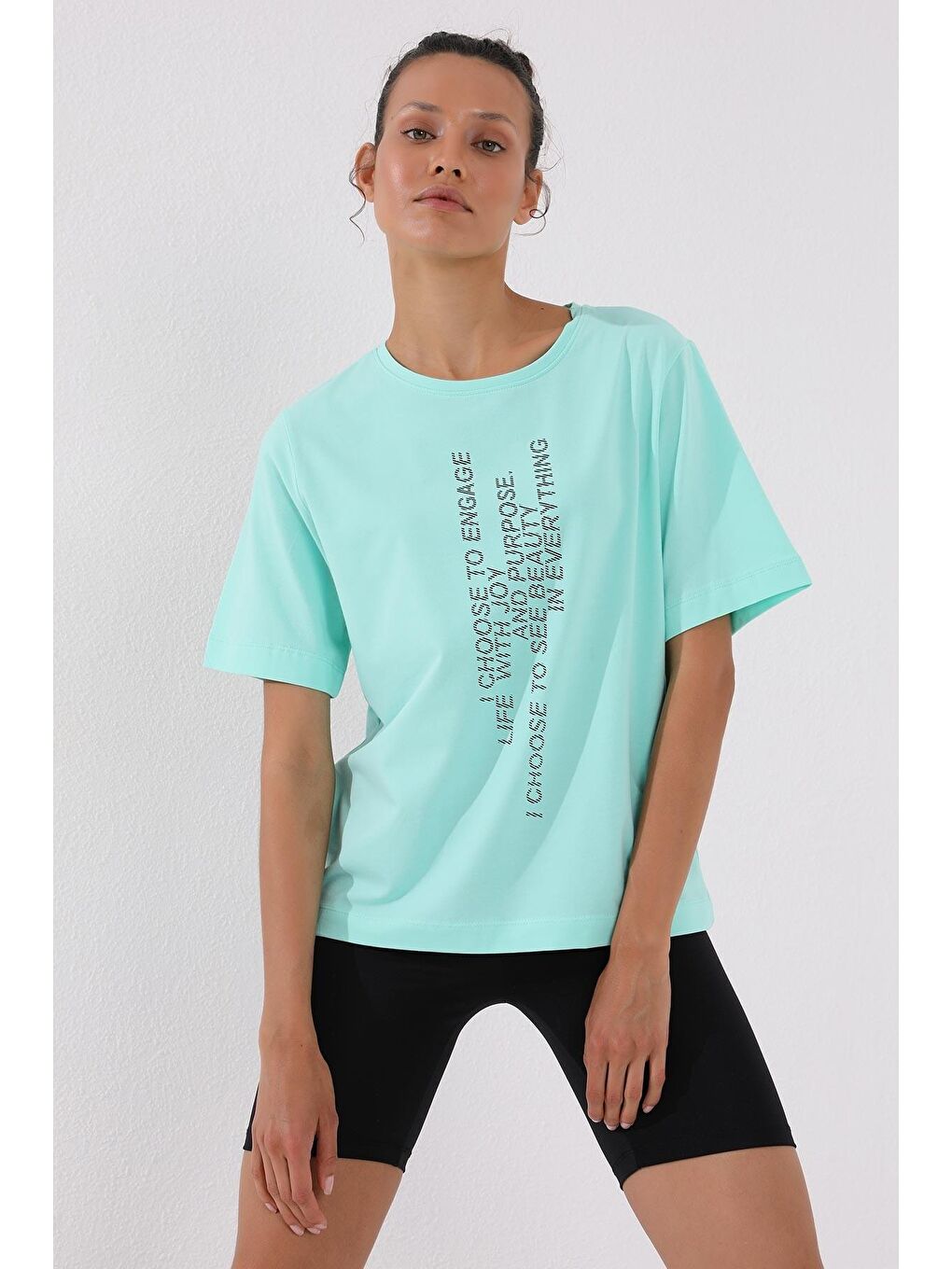 TOMMYLIFE Koyu Mint Yeşili Mint Yeşili Pembe Dikey Yazı Baskılı O Yaka Kadın Oversize T-Shirt - 97138 - 2