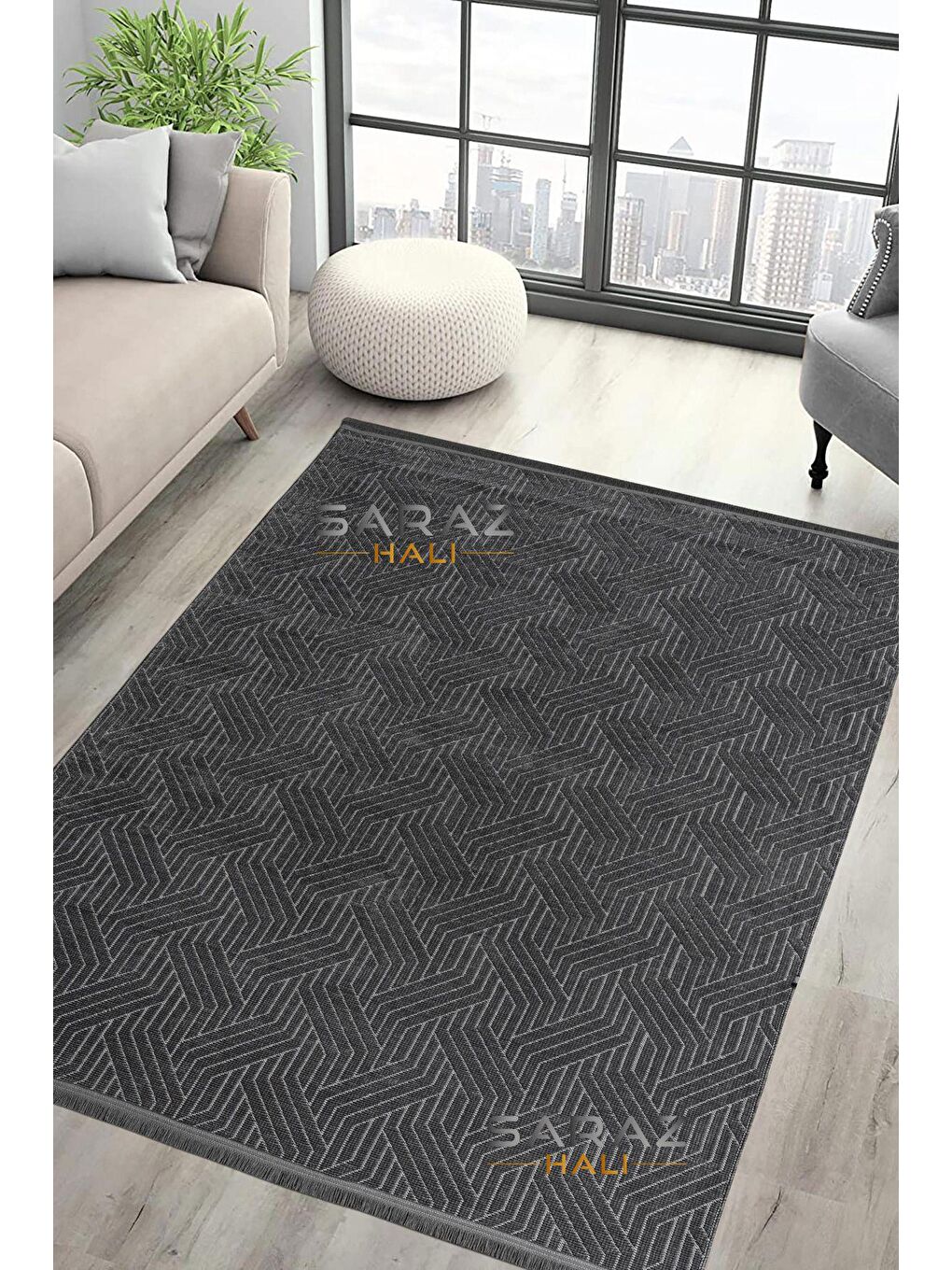 Saraz Halı Bohem Saçaklı Kaymaz Kilim Antrasit 80x300