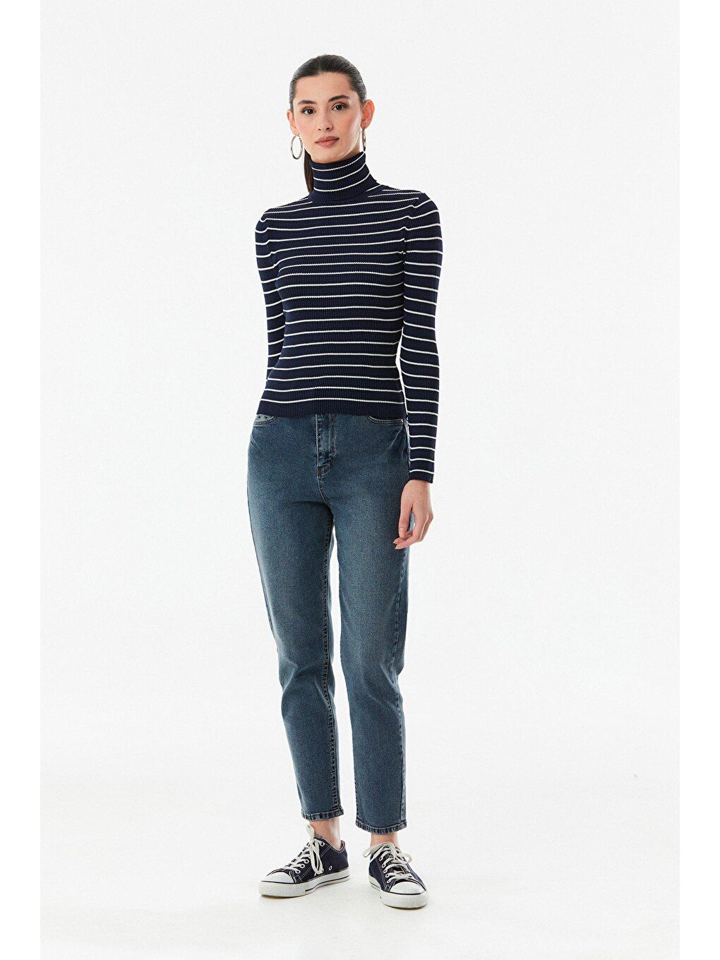 Lila Çizgili Fitilli Balıkçı Yaka Triko Kazak-1