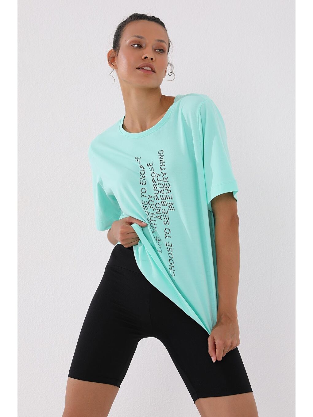 TOMMYLIFE Koyu Mint Yeşili Mint Yeşili Pembe Dikey Yazı Baskılı O Yaka Kadın Oversize T-Shirt - 97138 - 4