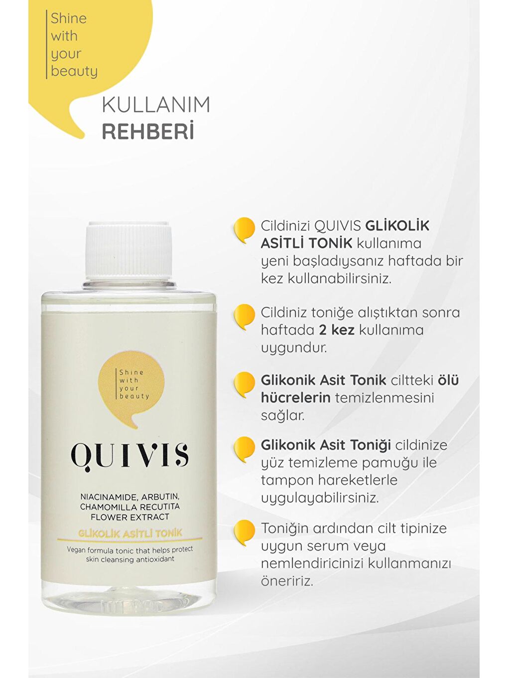 quivis Renksiz 3’lü Cilt Bakım Seti- Glikolik Asit Tonik 200ml, Aydınlatıcı Kafein Serum 30ml ve Niacinamide Serum - 1