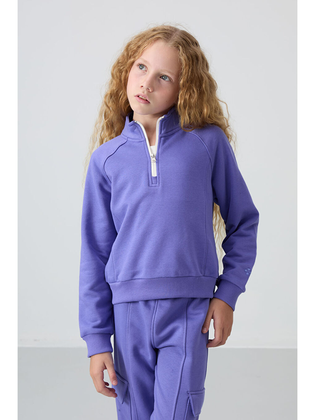 Mor Eflatun Pamuklu İçi Tüylü Yumuşak Dokulu Standart Fit Nakışlı Kız Çocuk Eşofman Takım - 75159-1