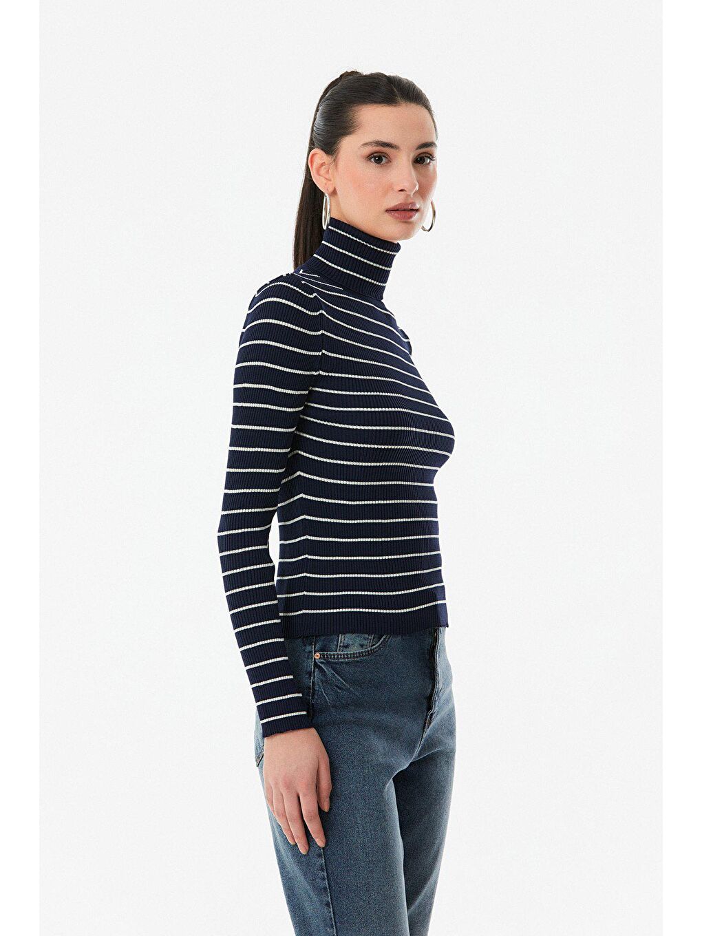 Lila Çizgili Fitilli Balıkçı Yaka Triko Kazak-3