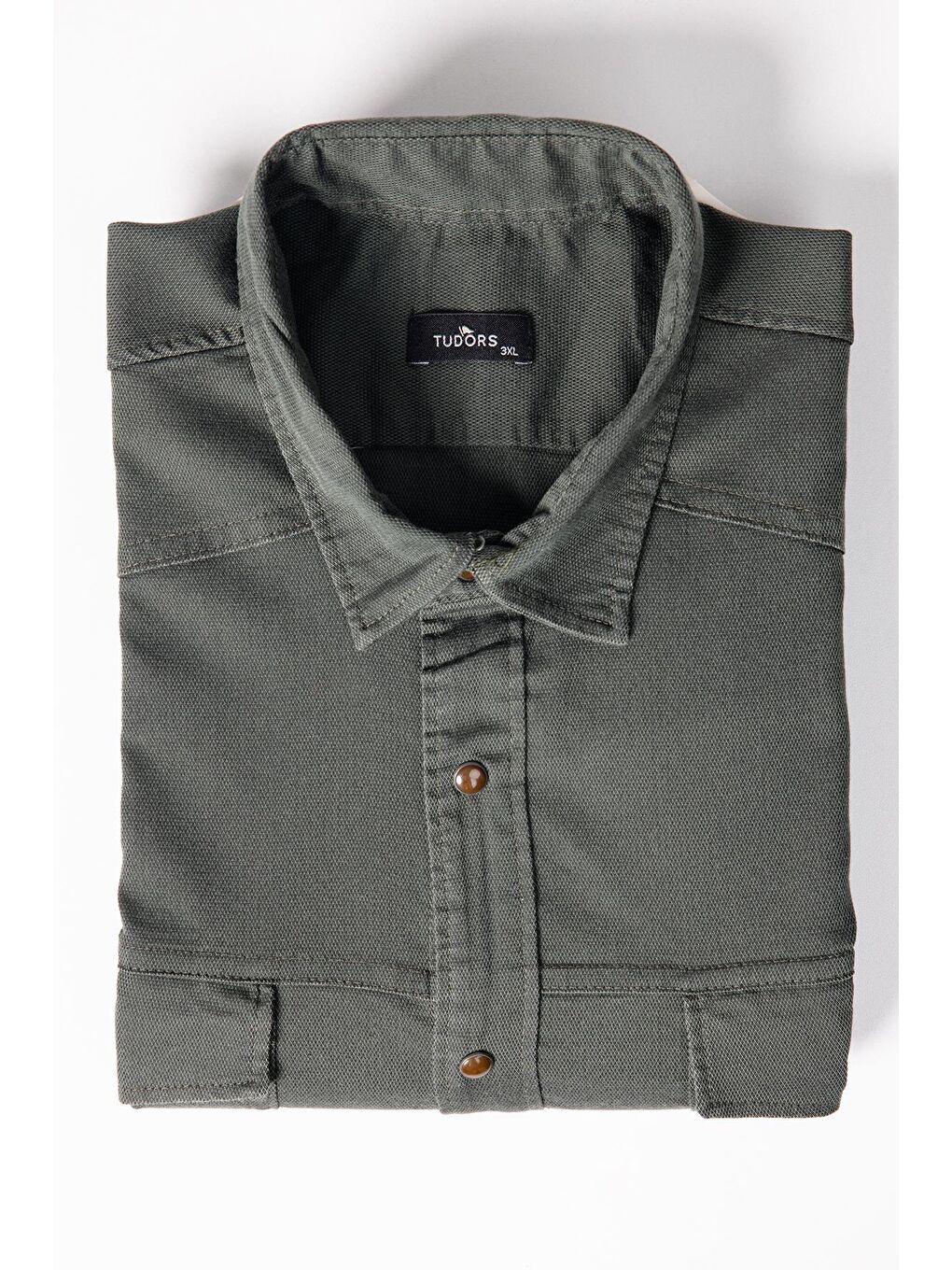 Büyük Beden Yıkamalı Çift Cepli Armürlü Denim Haki Erkek Gömlek-1