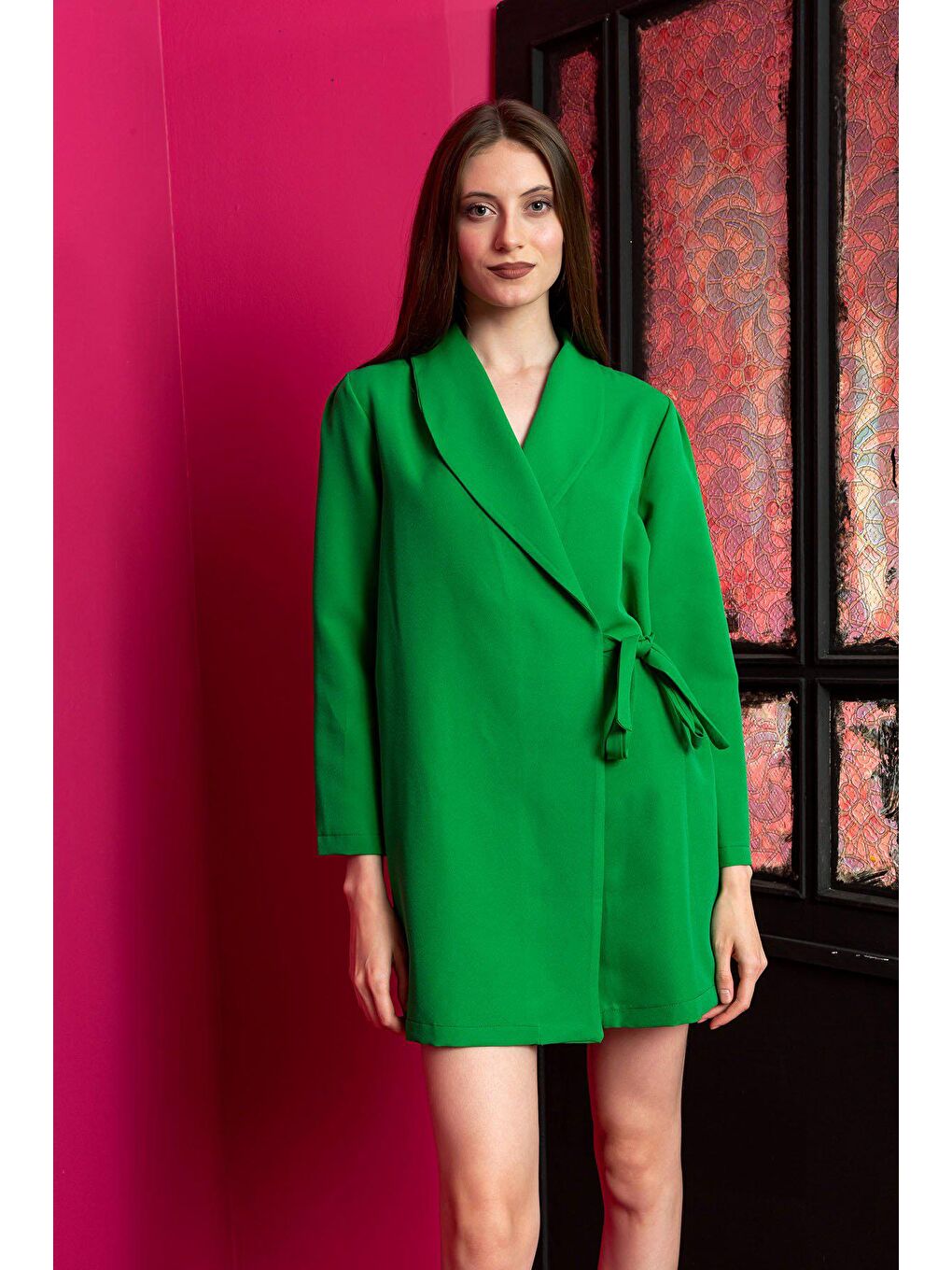 Yeşil Şal Yaka Yandan Bağlamalı Ceket