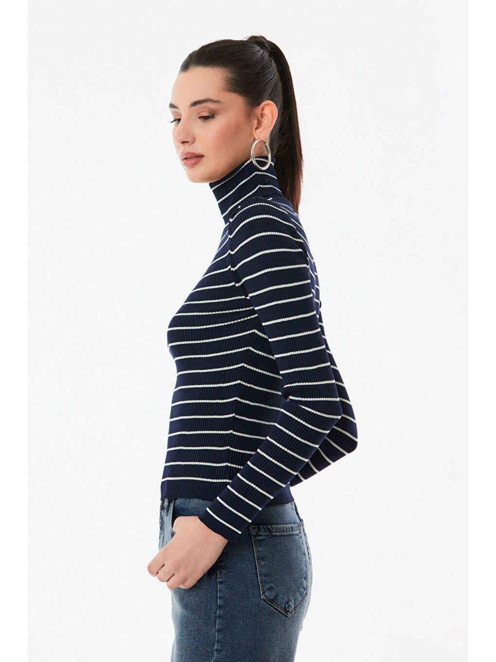 Lila Çizgili Fitilli Balıkçı Yaka Triko Kazak-4