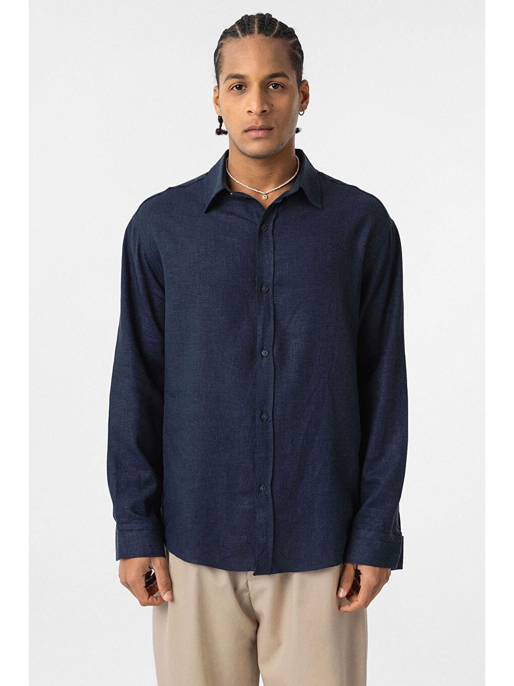 Basic Oversize Uzun Kollu Keten Gömlek Lacivert-2