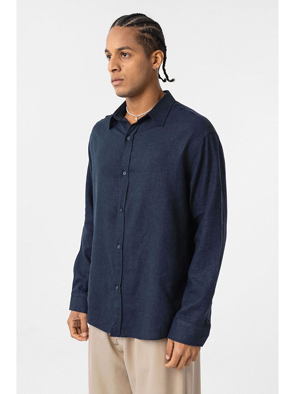 Basic Oversize Uzun Kollu Keten Gömlek Lacivert-3