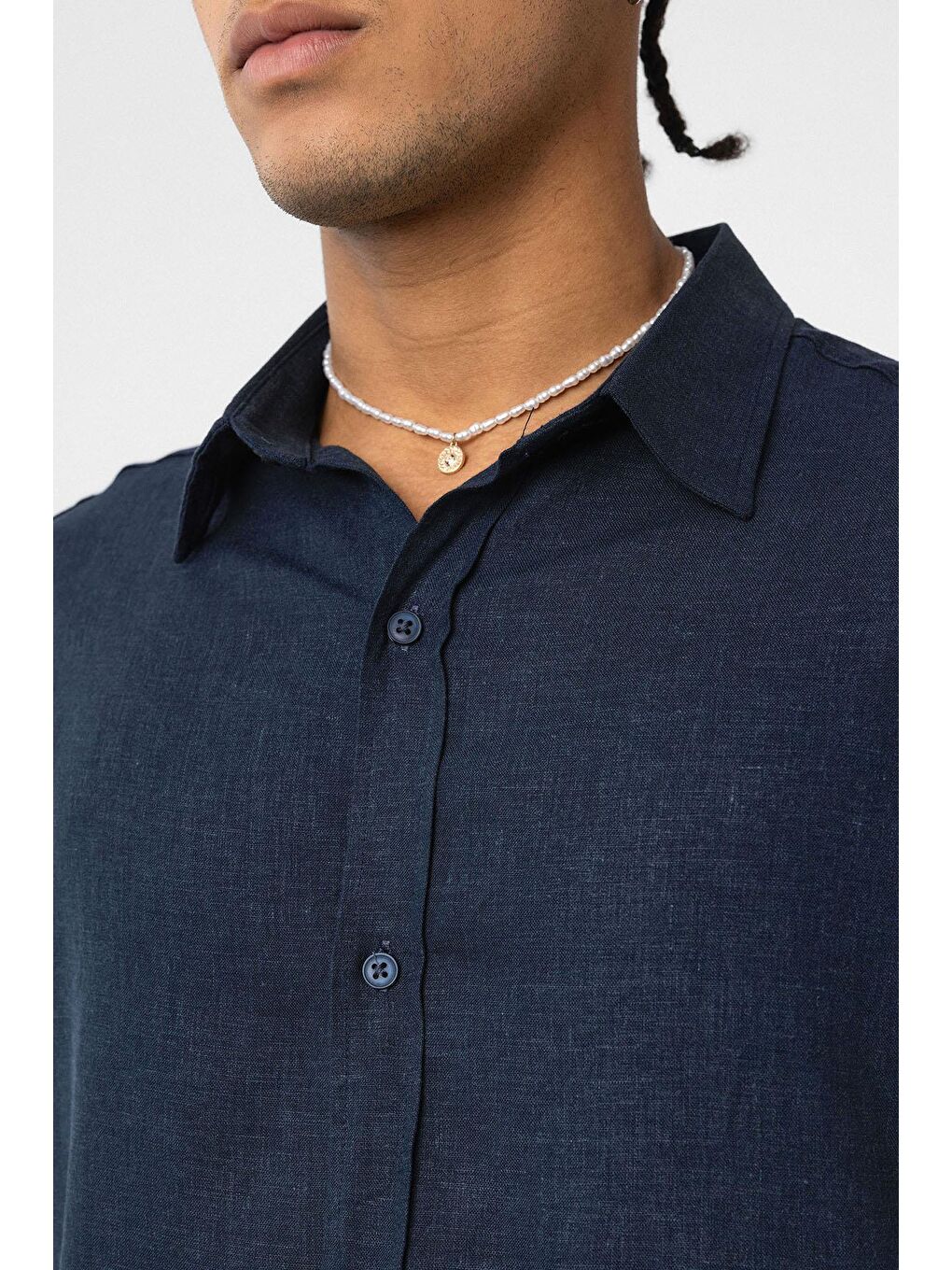 Basic Oversize Uzun Kollu Keten Gömlek Lacivert-4