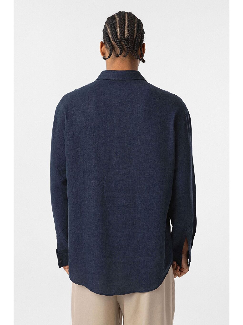 Basic Oversize Uzun Kollu Keten Gömlek Lacivert-5
