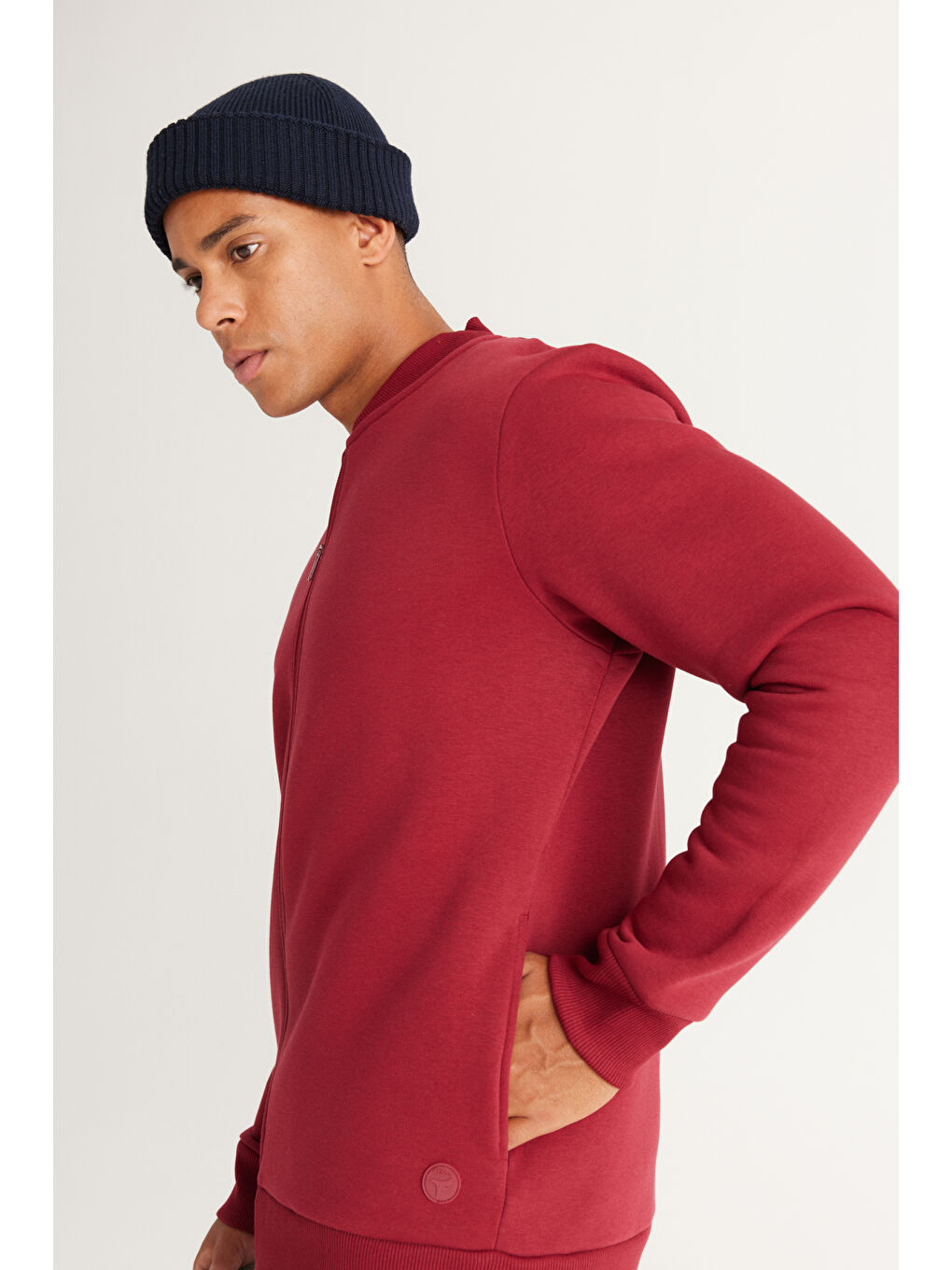Erkek Bordo Standart Fit Normal Kesim İçi Polarlı Kolej Yaka Pamuklu Sweatshirt Ceket-2