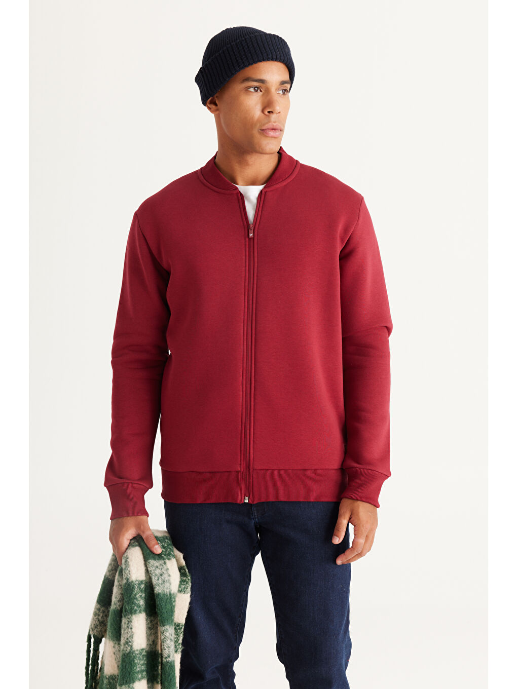 Erkek Bordo Standart Fit Normal Kesim İçi Polarlı Kolej Yaka Pamuklu Sweatshirt Ceket-3