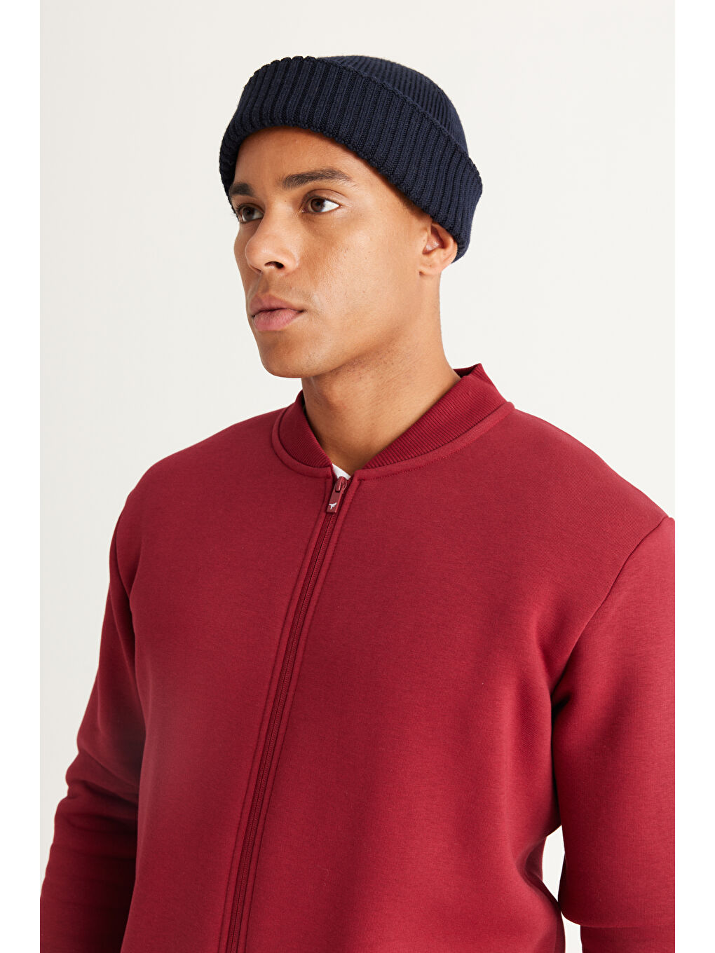 Erkek Bordo Standart Fit Normal Kesim İçi Polarlı Kolej Yaka Pamuklu Sweatshirt Ceket-4